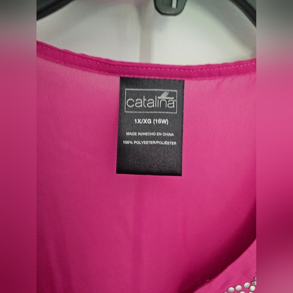 CATALINA Women 1X Tunic Beaded Swimwear Cover-up Pink Deep V Neck Bell - Picture 3 of 9